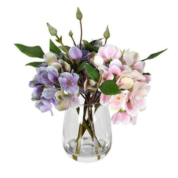 8" Artificial Light Pink / Purple Hydrangea in Glass Pot