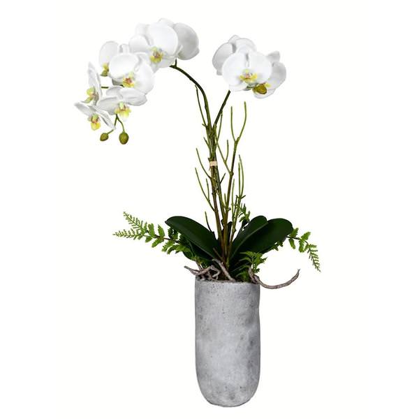 17" Artificial White Yellow Orchid in Glass Pot