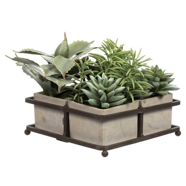 8" Artificial Green Succulents in Cement Pot