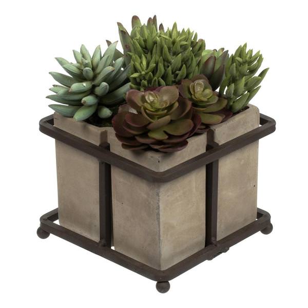 8" Artificial Green Succulents in Cement Pot