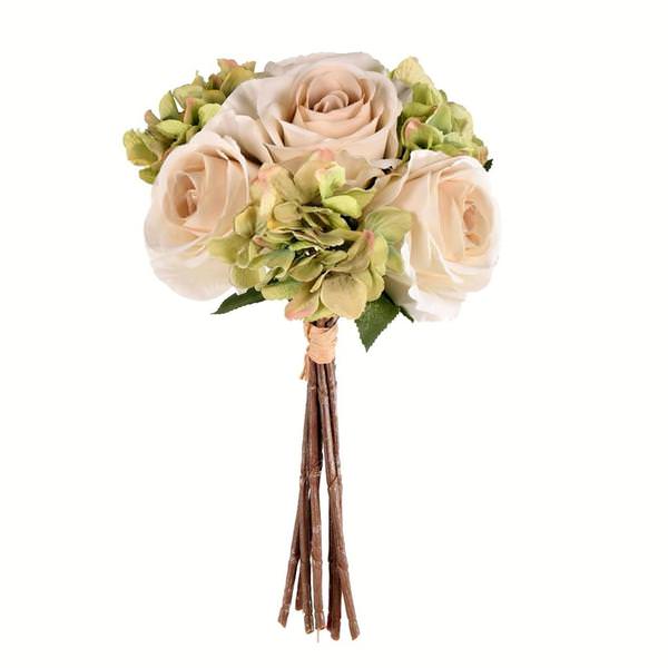 13" Artificial Green Ivory Rose Hydrangea Bouquet (2 pack)