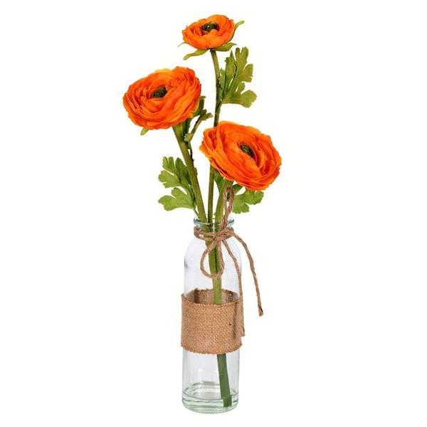 15" Artificial Orange Camellia in Glass (2 pack)