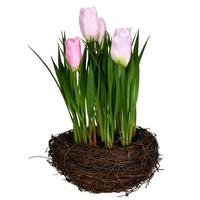 Vickerman 9" Artificial Pink Tulips in Bird Nest (2 pack)