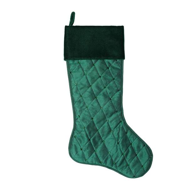 21" Green Quilt Stitch Jeweled Christmas Stocking