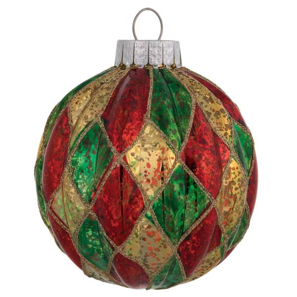 6" Red Green Gold Diamond Ball Ornament (2 pack)