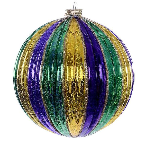8" Purple Gold Green Stripe Ball Ornament