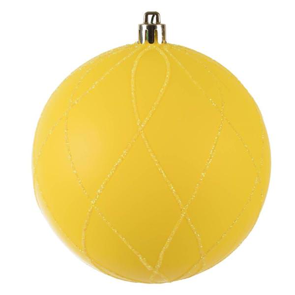 4" Yellow Matte Glitter Swirl Ball Ornament (4 pack)