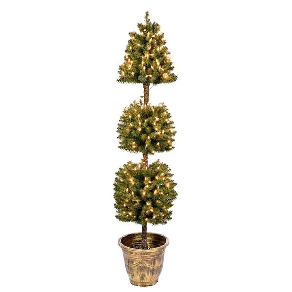 5' Artificial Tifton 3 Ball Topiary 300 Clear Lights