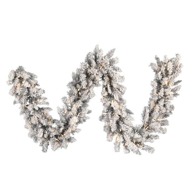 9' x 14" Artificial Frosted Silver Garland 100 Warm White Lights