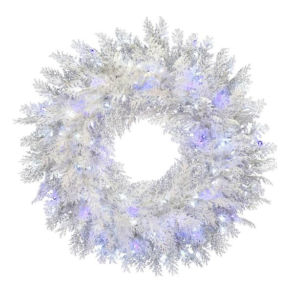 36" Artificial Flocked Cedar Pine 300 Pure White and Blue Lights