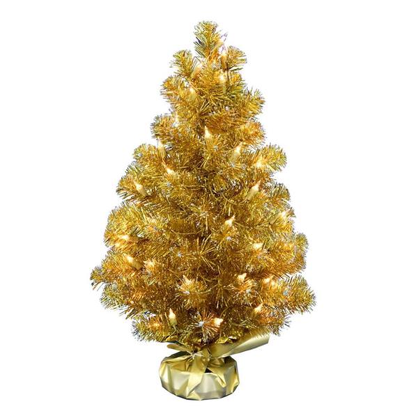 2' x 16" Gold Tinsel Tree 50 Clear Lights