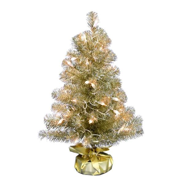 2' x 16" Champagne Tinsel Tree 50 Clear Lights