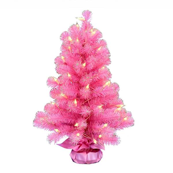 2' x 16" Pink Tinsel Tree 50 Clear Lights