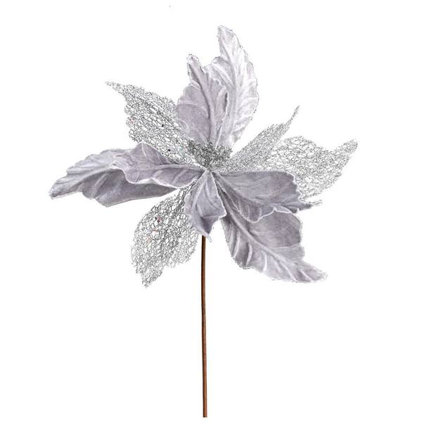 12" Silver Poinsettia Velvet Spray (6 pack)
