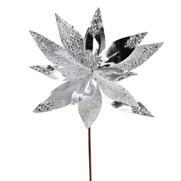 13" Silver Shiny Poinsettia Ornament Pick (6 pack)