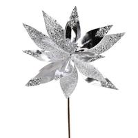 Vickerman 13" Silver Shiny Poinsettia Ornament Pick (6 pack)
