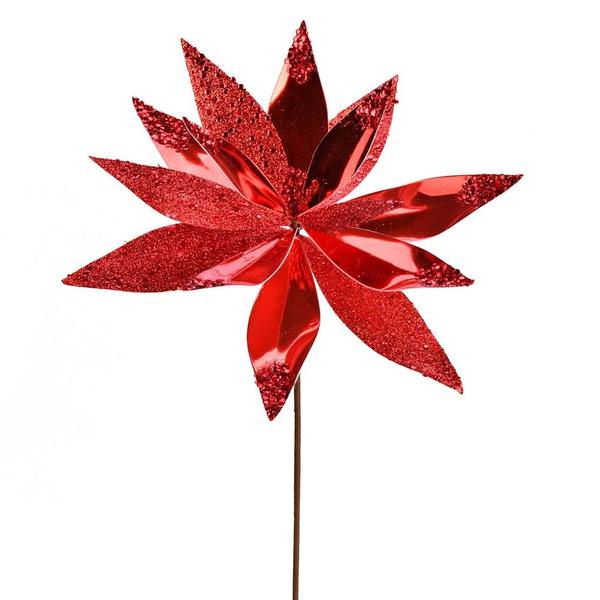 13" Red Shiny Poinsettia Ornament Pick (6 pack)