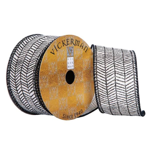 2.5" x 10Yd Beige Black Herringbone Ribbon