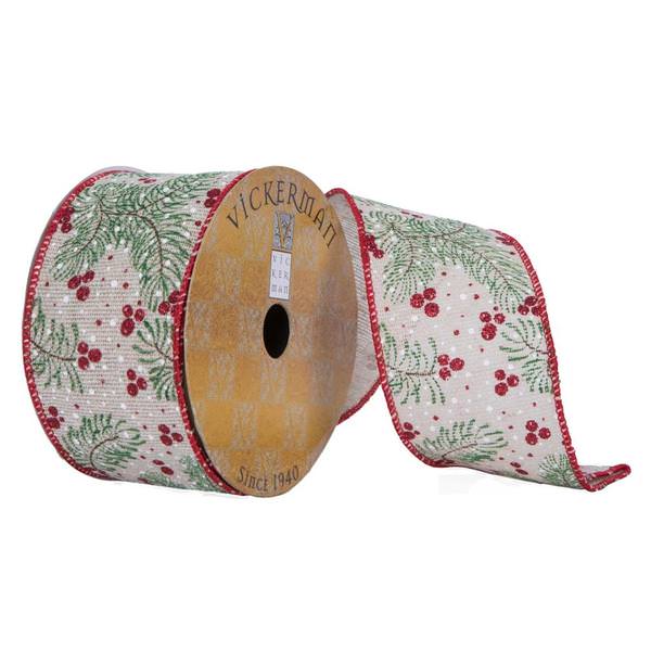 2.5"x30' Red/Green Holly Berry on Beige Knit Ribbon