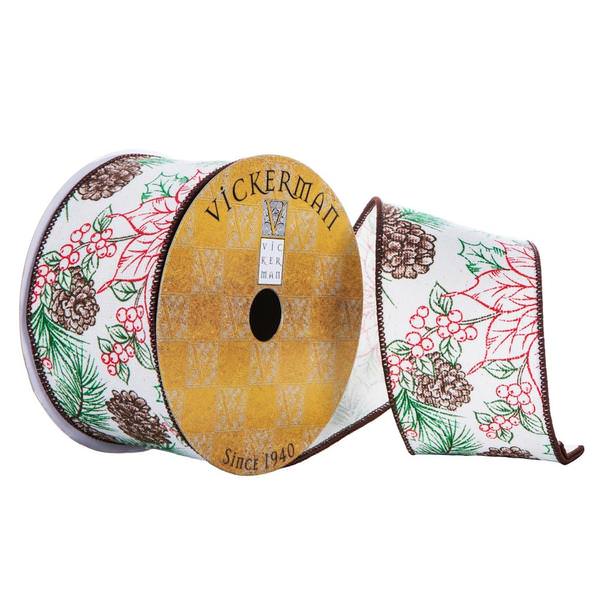 2.5"x30' Ivory Poinsetta Pinecone Ribbon