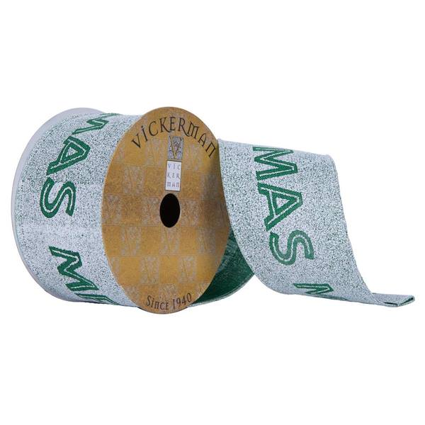 2.5"x30' Gray with Green Merry Christmas Ribbon