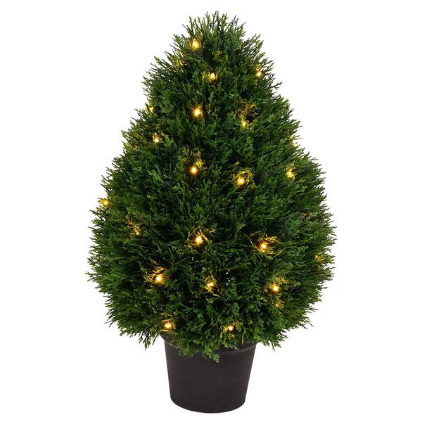24" Artificial Cedar Teardrop Topiary Potted in a Black Planters Pot