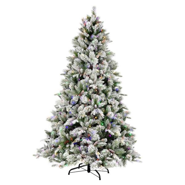 7.5' x 52" Flocked Ellis Pine 600 Multi-Colored Lights Artificial Christmas Tree