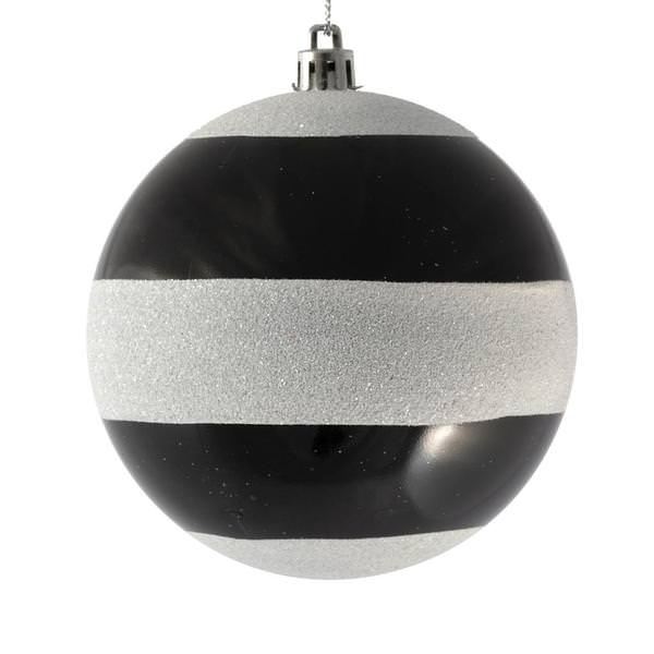 4" Black/White Striped Shiny Ball Christmas Ornament (6 Pack)