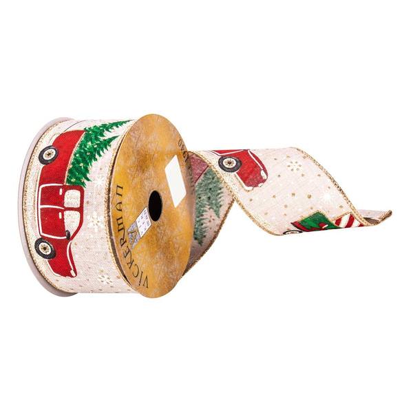 2.5" x 10Yd Red / Green / Beige Wagon Ribbon