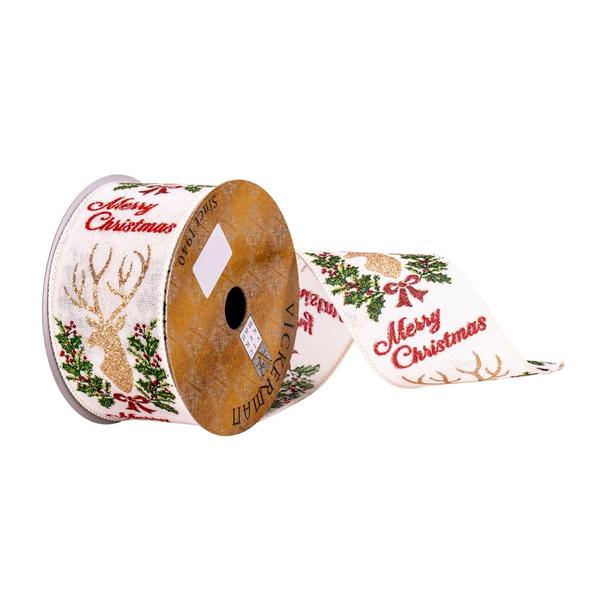 2.5" x 10Yd Cream Deer with Red Merry Christmas Text Ribbon Nutcracker Ribbon