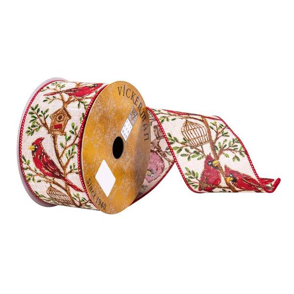 2.5" x 10Yd Cream Red Robins Cage Christmas Ribbon