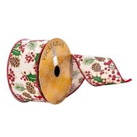 Vickerman 2.5" x 10Yd Cream Pinecone Holly Ribbon