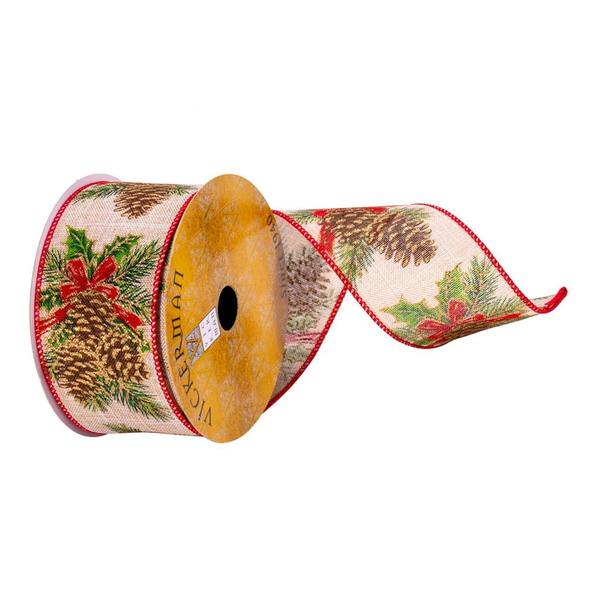 2.5" x 10Yd Cream Pinecone Red Bow Ribbon