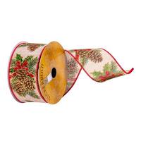 Vickerman 2.5" x 10Yd Cream Pinecone Red Bow Ribbon