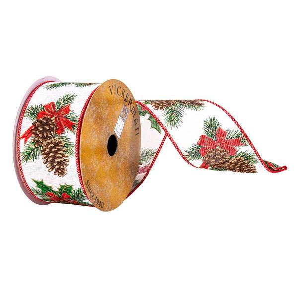 2.5" x 10Yd White Pinecone Red Bow Ribbon