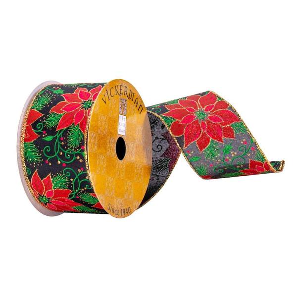 2.5" x 10Yd Navy/ Red Poinsettia Ribbon