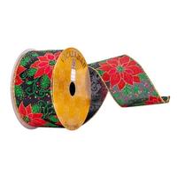 Vickerman 2.5" x 10Yd Navy/ Red Poinsettia Ribbon