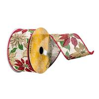Vickerman 2.5" x 10Yd Beige/Red Poinsettia Ribbon