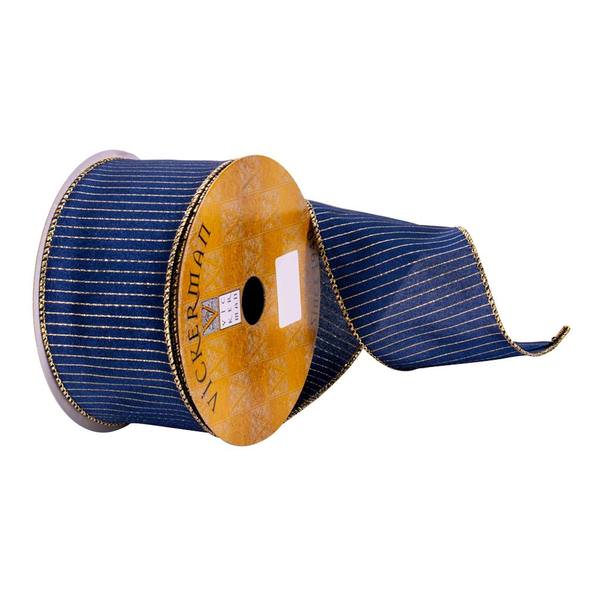 2.5" x 10Yd Dark Blue with Gold Stripes Wired Edge Ribbon