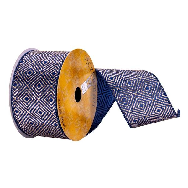 2.5" x 10Yd Navy/Champagne Squares Wired Edge Ribbon