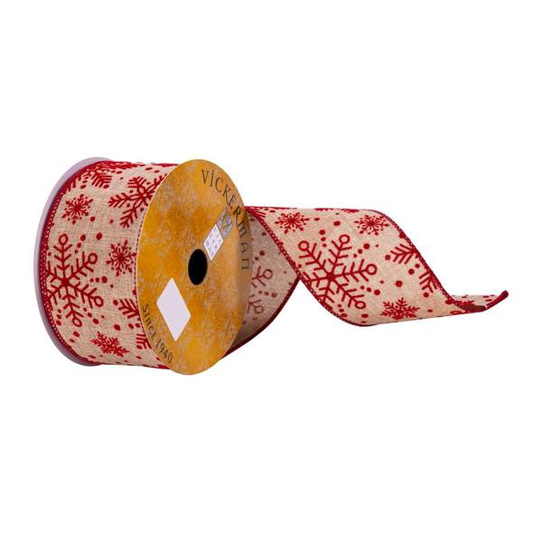 2.5" x 10Yd Cream Red Snowflake Ribbon