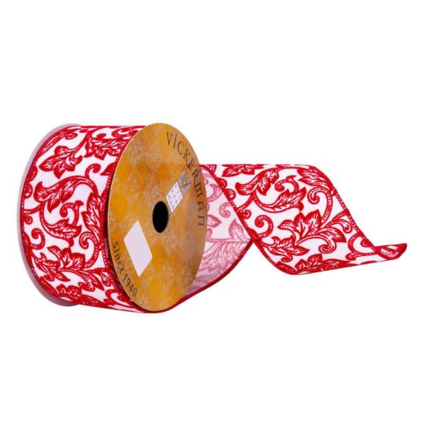 2.5" x 10Yd White Red Filigree Ribbon