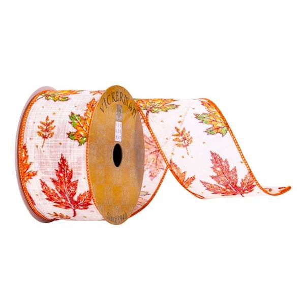 2.5" x 10Yd White Fall Leaves Ribbon