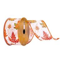 Vickerman 2.5" x 10Yd White Fall Leaves Ribbon
