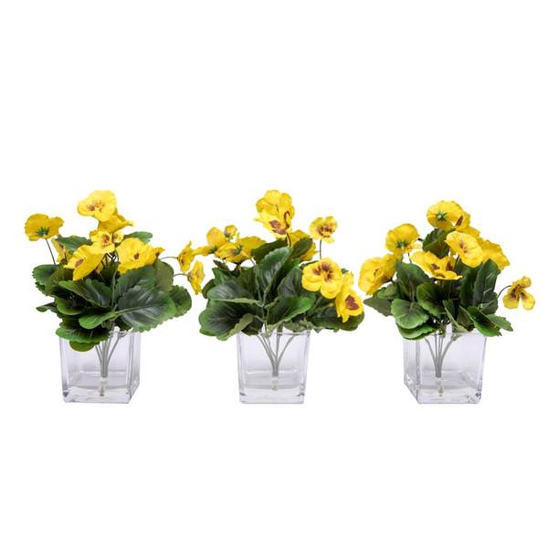 7" Artificial Yellow Pansy Bush in Glass Cube (3 Pack)