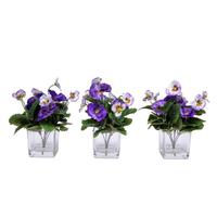 Vickerman 7" Artificial Purple Pansy Bush in Glass Cube (3 Pack)