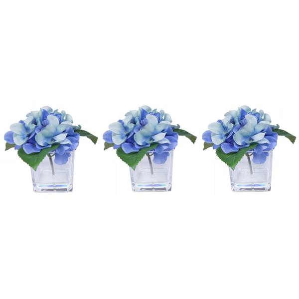5" Artificial Blue Hydrangea in Glass Cube (3 Pack)