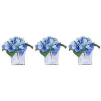 Vickerman 5" Artificial Blue Hydrangea in Glass Cube (3 Pack)