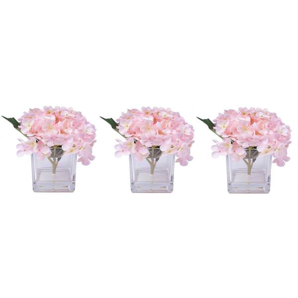 5" Artificial Pink Hydrangea in Glass Cube (3 Pack)