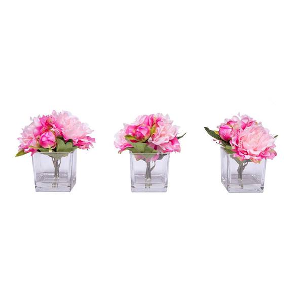7" Artificial Light Pink Peony in Glass Cube (3 Pack)